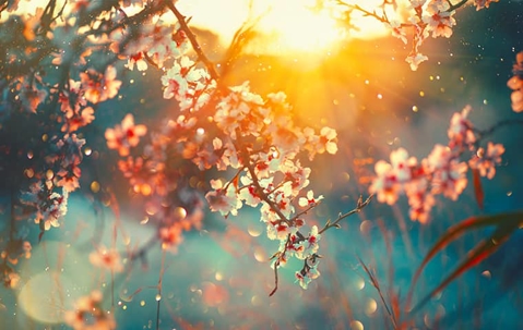 cherry blossom tree with sun setting in the background